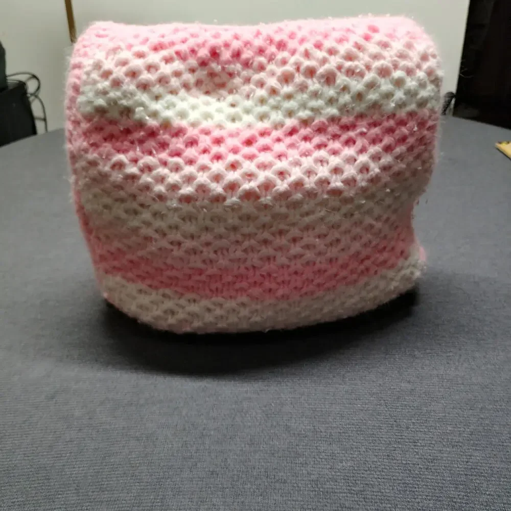 Handmade Knit Pillow Diagonal Sand Stitch Pink White Accent